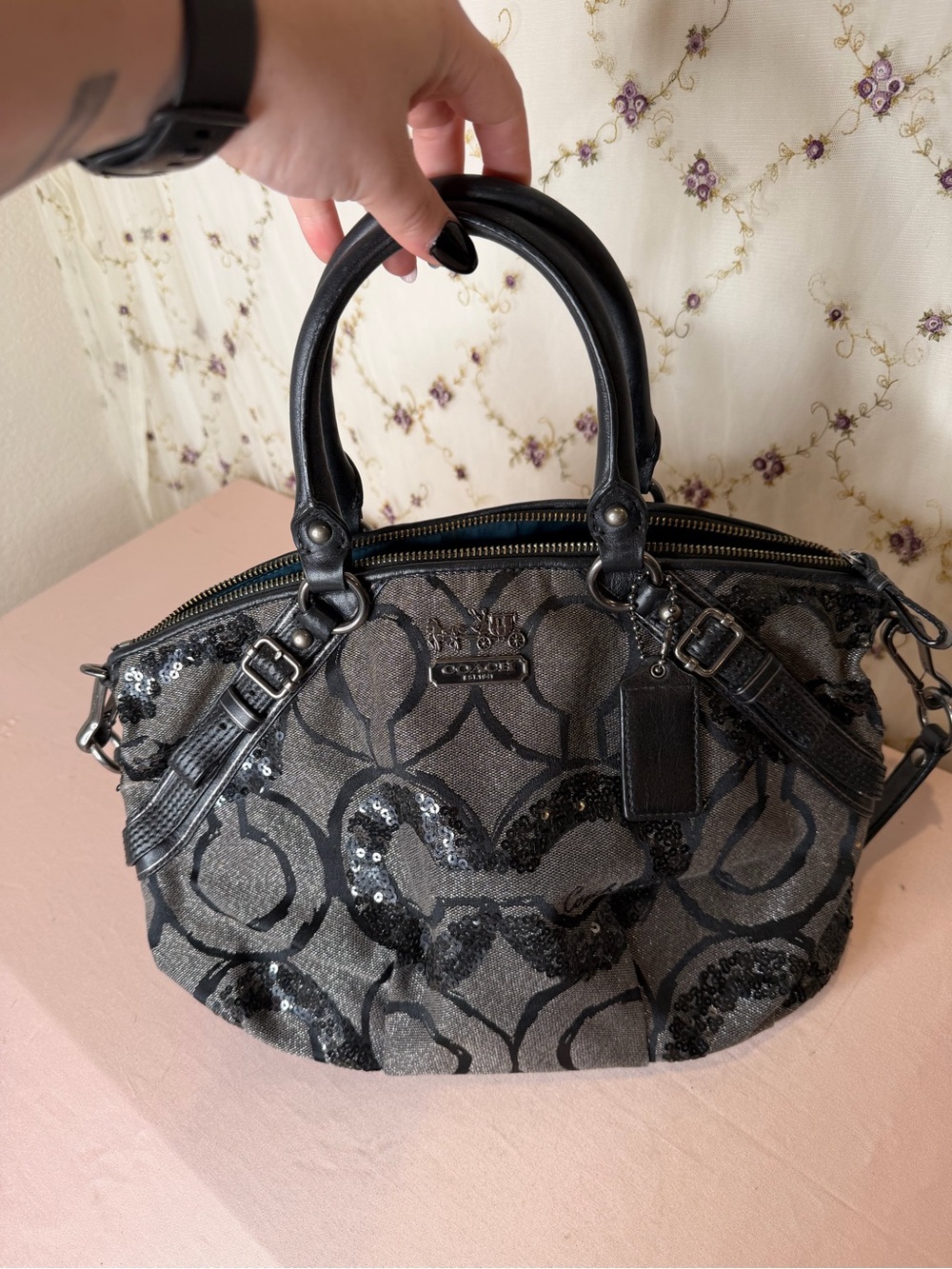 Coach Black & Gray Signature Sequin Satchel with Top Handles